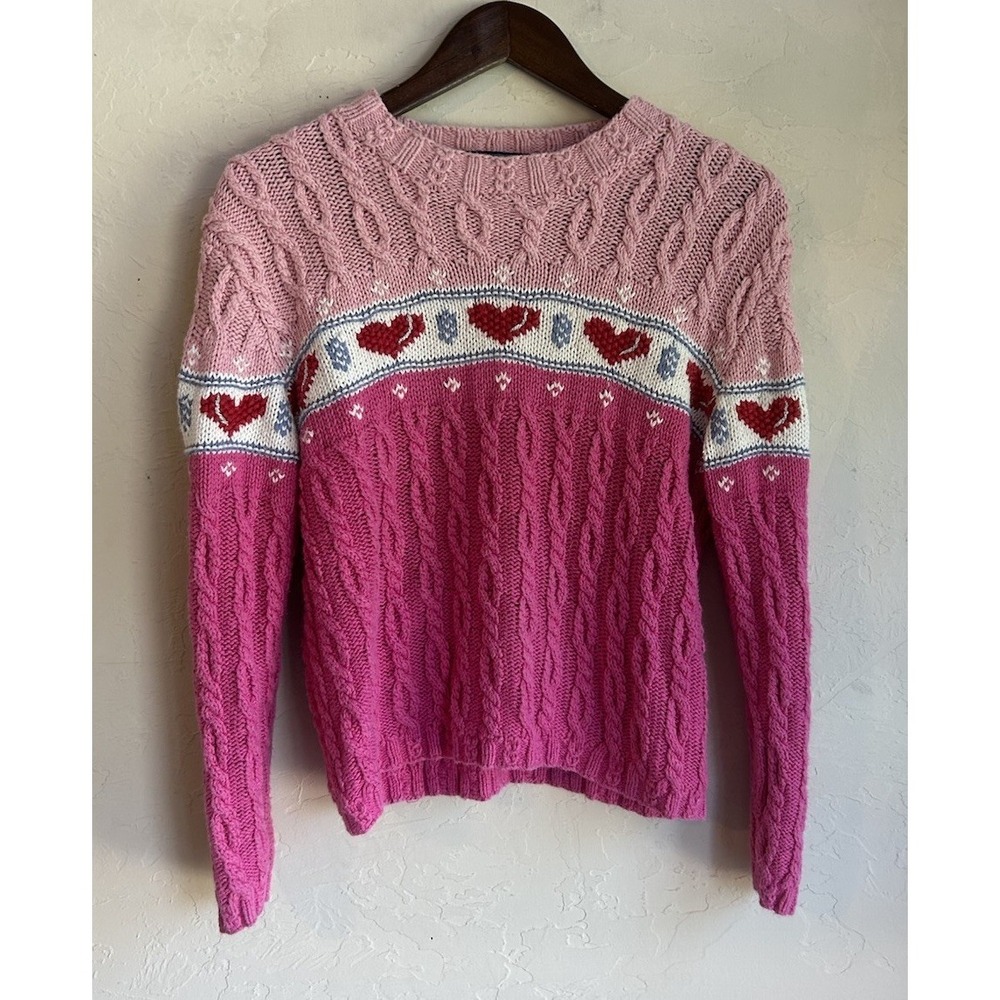 Vintage‎ Karen Scott Heart Sweater S M Pink Hand Cable Knit Novelty Cute
